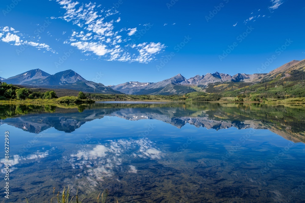 Naklejka premium Pristine Alpine Lake Reflecting Majestic Snow-Capped Mountains