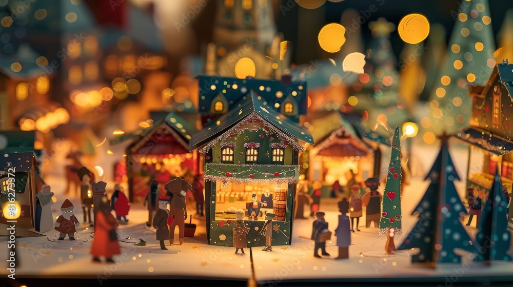 A festive popup book showing a bustling holiday market, with stalls, shoppers, and twinkling lights that appear as the pages open, Close up A festive popup book showing a bustling holiday market, with stalls, shoppers, and twinkling lights that appear as the pages open, Close up