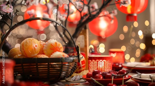 A festive Chinese New Year table setting featuring a basket of Lian Rong Bao among other delicacies, decorated with red lanterns and plum blossoms, Close up