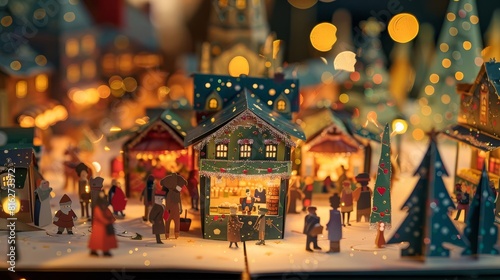 A festive popup book showing a bustling holiday market  with stalls  shoppers  and twinkling lights that appear as the pages open  Close up