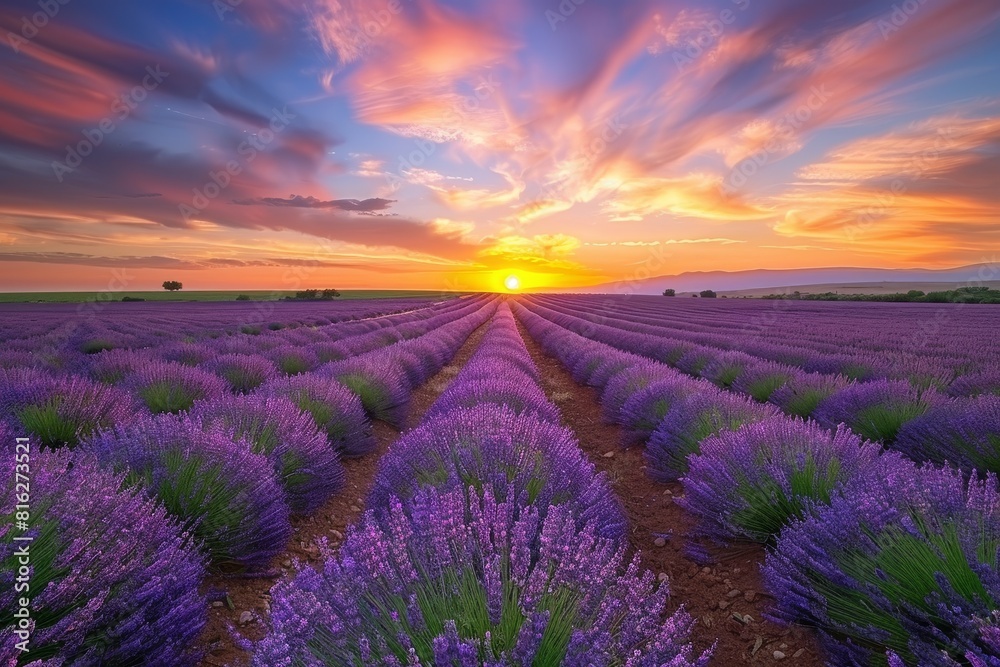 Fototapeta premium Blooming Lavender Fields under a Stunning Sunset Sky