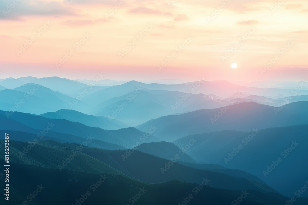 Fototapeta premium Serene Mountain Landscape at Sunrise with Misty Valleys