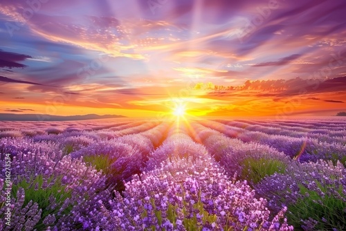 Blooming Lavender Fields under a Stunning Sunset Sky
