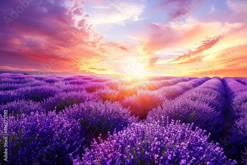 Blooming Lavender Fields under a Stunning Sunset Sky