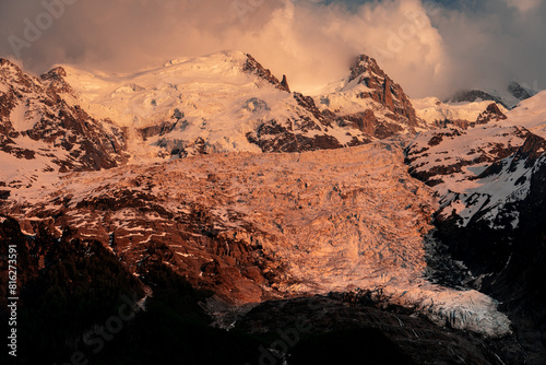 Les Bossons glacier and mountains in the Chamonix Valley at sunset near Montblanc, French Alps.