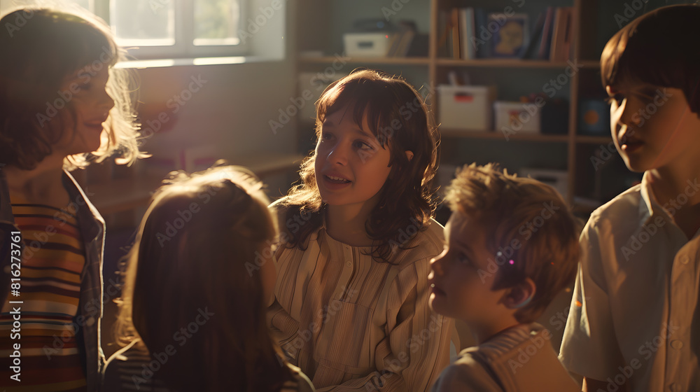 Happy kids and teacher at school Woman and children are talking in the class : Generative AI Happy kids and teacher at school Woman and children are talking in the class : Generative AI