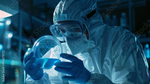 A laboratory scene showing a scientist in protective gear analyzing a glowing blue venom liquid in a petri dish under harsh light, Close up