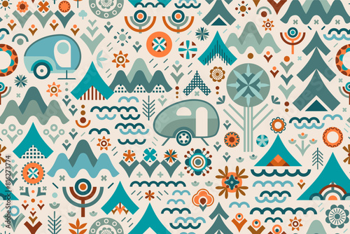Design celebrates outdoors adventure, representing plants, flowers, woodland, forest, mountains, trees, camping tents, vintage travel trailers and water in v-shapes and other earthy shades geometrics.