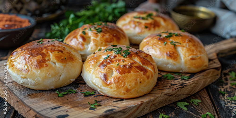 Close-up of freshly baked pogaca, turkish pasties, golden crust adorned with delicate swirls of cheese and herbs Close-up of freshly baked pogaca, turkish pasties, golden crust adorned with delicate swirls of cheese and herbs