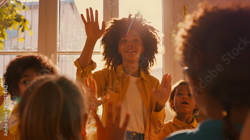 School tutor and students raise their hands to ask or answer an academic question for learning Diversity education and primary school kids speaking to their woman teacher in the classr : Generative AI photo