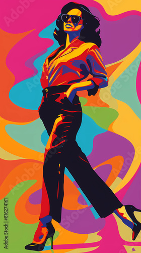 Retro Neon pop-art illustration of a stylish woman walking