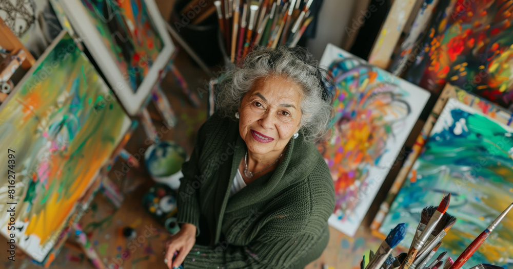 Fototapeta premium senior latina painter woman artist at drawing studio standing by creative colourful pictures and paintbrushes, retired woman looking at camera, art and hobby concept, impressionism and abstract