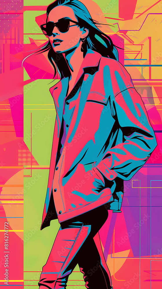Retro Neon pop-art illustration of a stylish woman walking Retro Neon pop-art illustration of a stylish woman walking