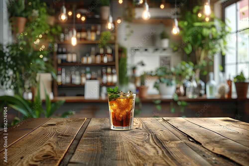 A glass of iced tea sitting on top of a wooden table A glass of iced tea sitting on top of a wooden table