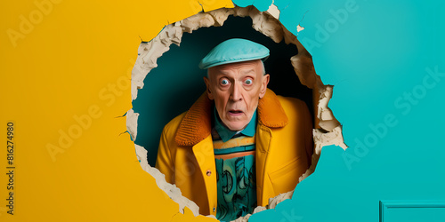 An elderly man with wide eyes wears a hat, and a jacket, peeking through a torn yellow paper background