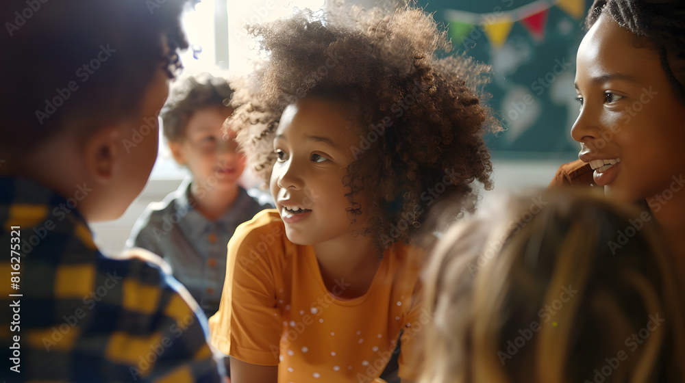 Happy kids and teacher at school Woman and children are talking in the class : Generative AI Happy kids and teacher at school Woman and children are talking in the class : Generative AI