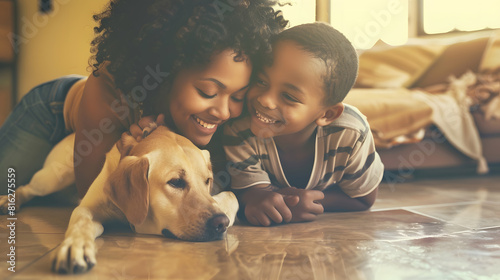 Happy african american mother and son lying on floor with their pet dog motherhood childhood togetherness pets and domestic life unaltered : Generative AI