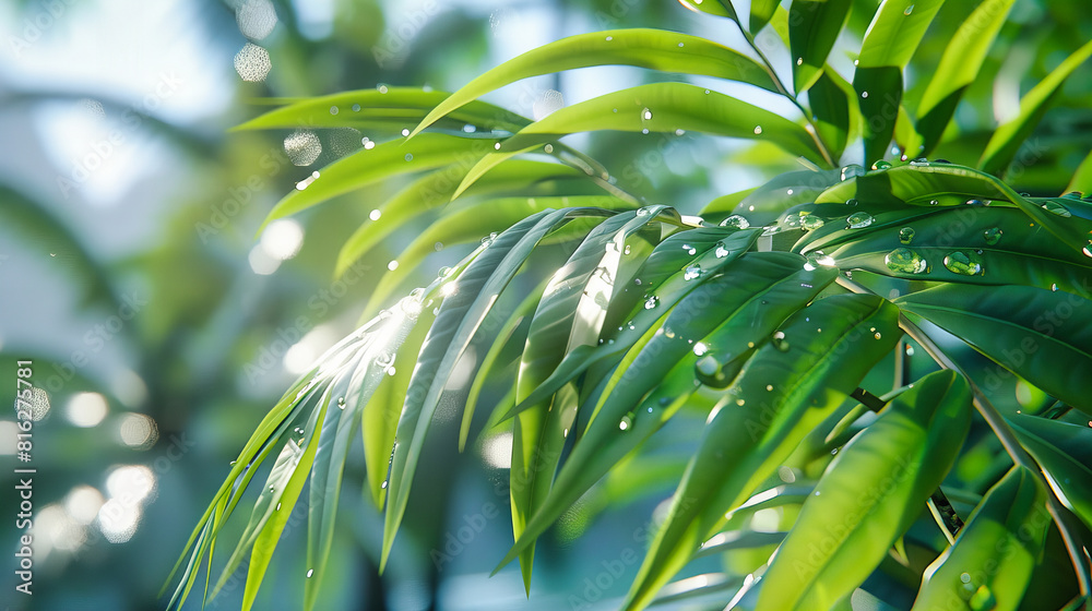 Lush Greenery and Dew on Leaves, Closeup of Fresh Foliage in Rain, Bright Day in Tropical Garden Lush Greenery and Dew on Leaves, Closeup of Fresh Foliage in Rain, Bright Day in Tropical Garden