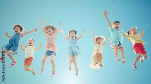 happiness childhood freedom movement and people concept  happy little children jumping in air over blue background : Generative AI