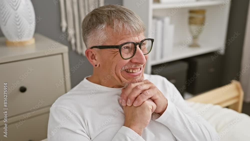 Excited middle age man, with grey hair, giddy with joy and bursting into laughter in bedroom, hands playfully clasping chin, wearing pajamas. Excited middle age man, with grey hair, giddy with joy and bursting into laughter in bedroom, hands playfully clasping chin, wearing pajamas.