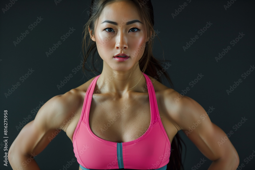 Asian female fitness model with well shaped muscles in pink top. High quality photo Asian female fitness model with well shaped muscles in pink top. High quality photo