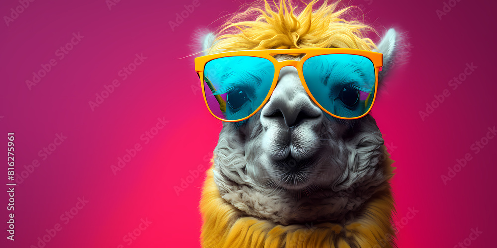 A characterful alpaca with multicolored sunglasses and headband, oozing with personality