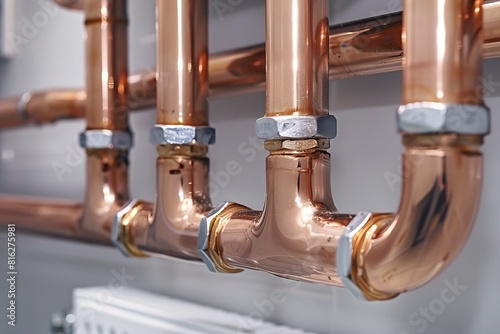 A row of copper pipes are connected to each other. The pipes are shiny and metallic. Concept of craftsmanship and precision