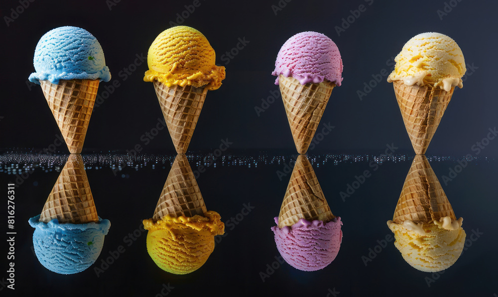 reflections of colorful ice cream cones on a dark mirrored surface reflections of colorful ice cream cones on a dark mirrored surface