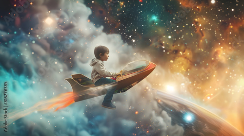 Fototapeta Naklejka Na Ścianę i Meble -  Spaceship flight Creative artwork with little boy flying on drawn spacecraft in outer space Ideas inspiration imagination Collage Concept of childhood dreams game astronomy ad : Generative AI