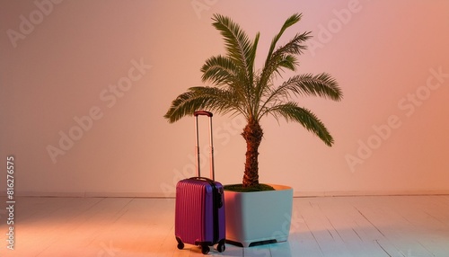 Tropical palm tree and suitcase on neon colors background  minimal summer and travel concept