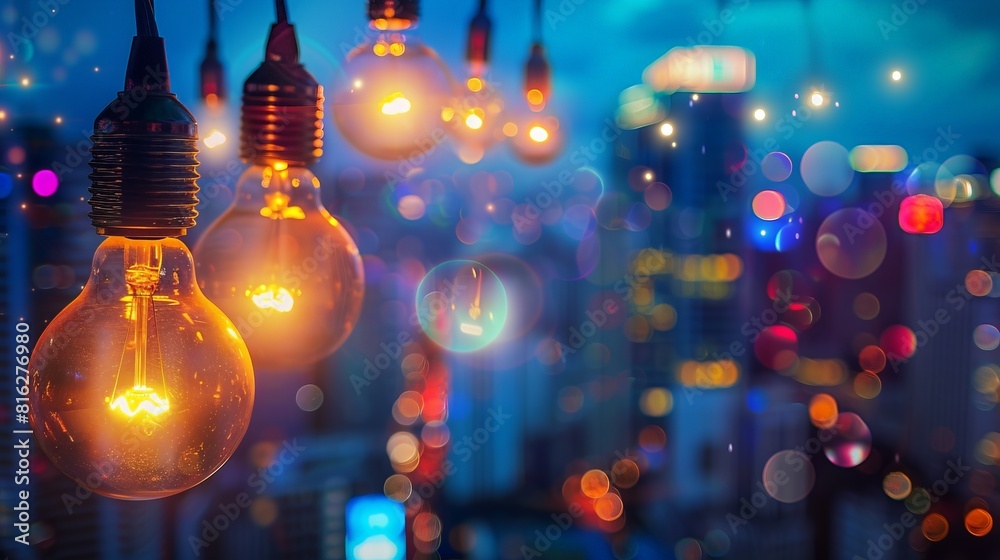 A cityscape with lights hanging from the sky A cityscape with lights hanging from the sky