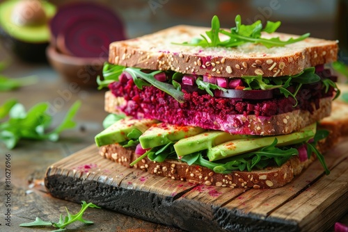 A sandwich with avocado, beet, and lettuce on a wooden board. The sandwich is piled high with layers of ingredients, creating a colorful and appetizing presentation