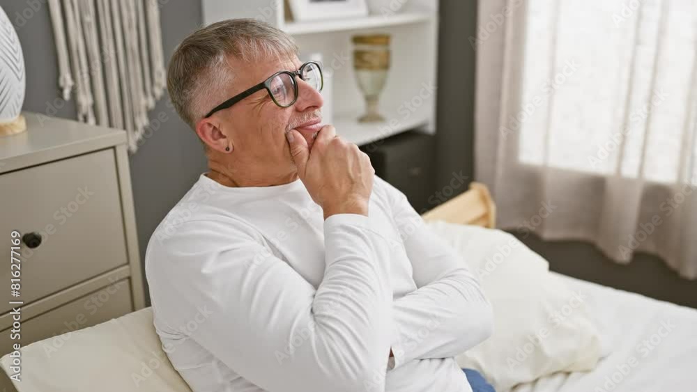 Happy middle age man, grey-haired and beaming, cleverly thinking up 'number one' pointing gesture in pyjama covered bedroom success. Happy middle age man, grey-haired and beaming, cleverly thinking up 'number one' pointing gesture in pyjama covered bedroom success.