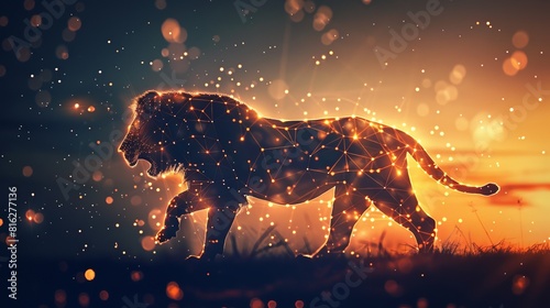 A lion is walking through a field of stars