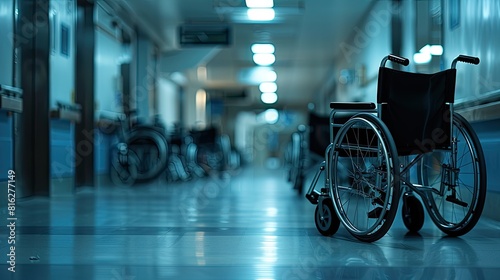 A hospital hallway with a black wheelchair in the foreground. The hallway is empty and the wheelchair is the only object in the scene