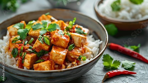 Fresh presentation of Coconut curry tofu with jasmine rice, food studio photography © Food Cart