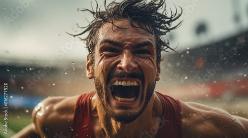 A drenched male athlete celebrates with a roar of victory  water droplets flying around his face  after a race on a wet track - Generative AI