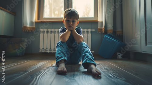 Kid psychological trauma Lonely child boy sadly look to window hug knees sits on floor at home alone Upset offended child thinking about family problems bad relationship failures with  : Generative AI