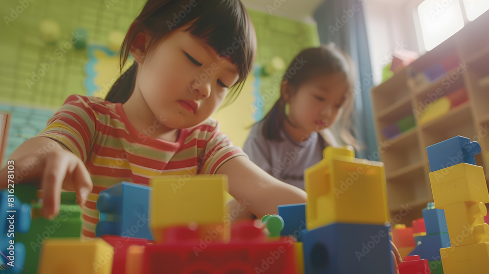 Children play together with building blocks in the international kindergarten with a kindergarten teacher : Generative AI Children play together with building blocks in the international kindergarten with a kindergarten teacher : Generative AI