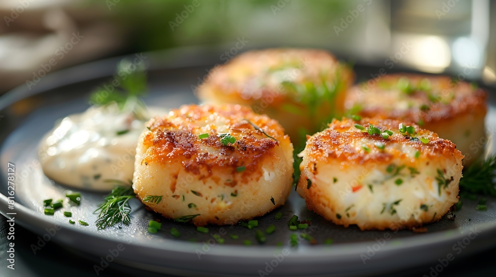 Fresh presentation of Crab cakes with remoulade sauce, food studio photography