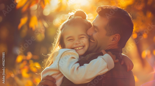 Joyful dad hugs his little smiling daughter Single daddy and child have fun laugh and enjoy nature outdoors at autumn park Concept of parental care and happy carefree childhood Happy f : Generative AI photo