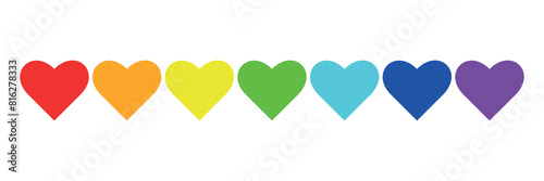 Rainbow colored hearts. Symbol of the LGBT community, sexual minorities, gays and lesbians. Set of seven vector icons. The heart is open to universal love, friendship and tolerance. Gay pride symbol. photo