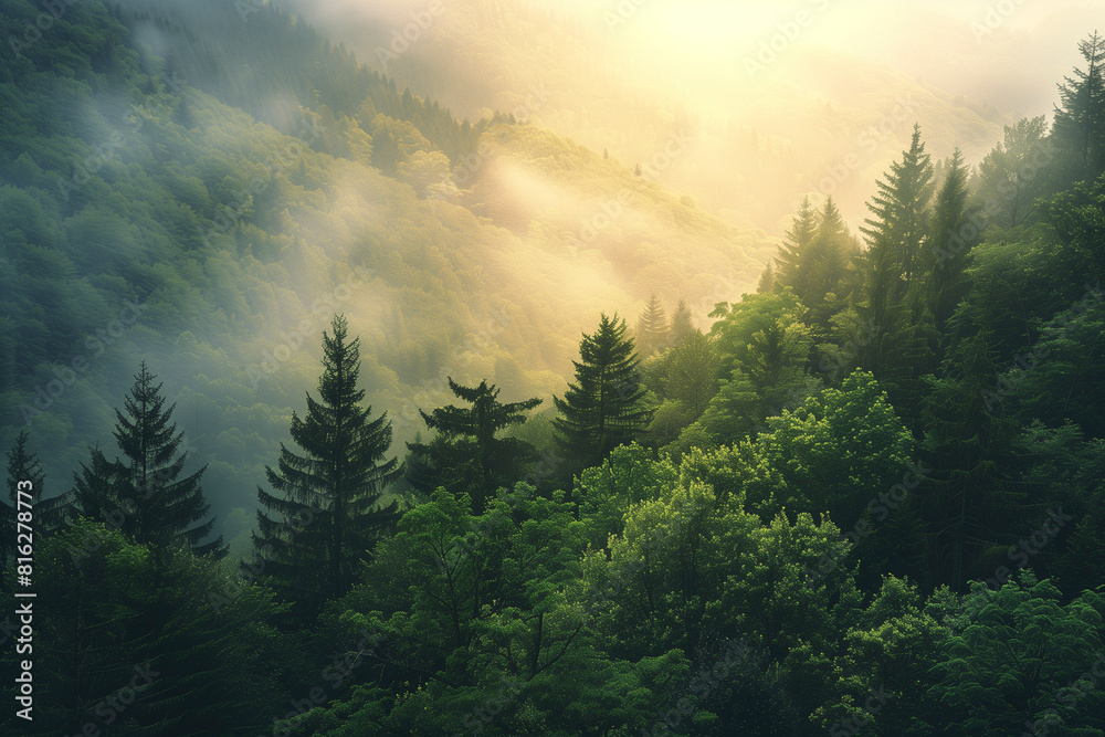 Relaxing, Beautiful Forest Landscape Golden Sunlight