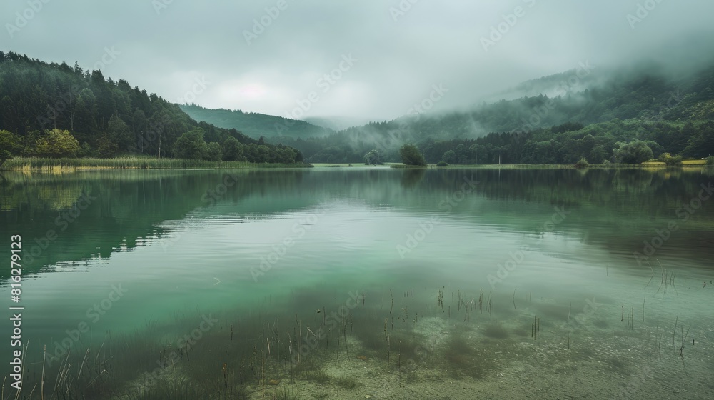 Lake with green water beneath overcast sky Lake with green water beneath overcast sky