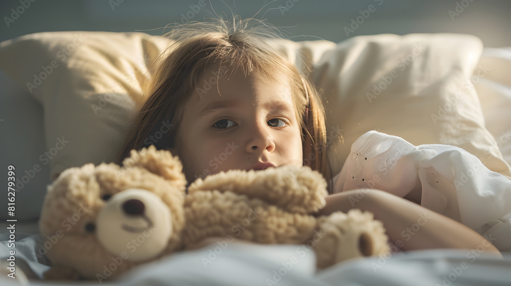 Little girl after chemotherapy with toy bear lying in clinic International Childhood Cancer Day : Generative AI Little girl after chemotherapy with toy bear lying in clinic International Childhood Cancer Day : Generative AI
