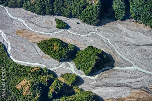 Gravel bed in the valley of the glacial Karangarua River, meander, Fox Glacier Haast, Whataroa, West Coast, New Zealand, Oceania