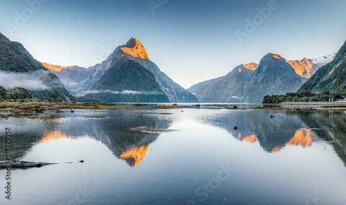 Mitre Peak is reflected in Milford Sound, Fiordland National Park, Southland Region, South Island, New Zealand, Oceania photo