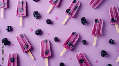 pink berry popsicles with dripping juice on purple background, summer dessert concept