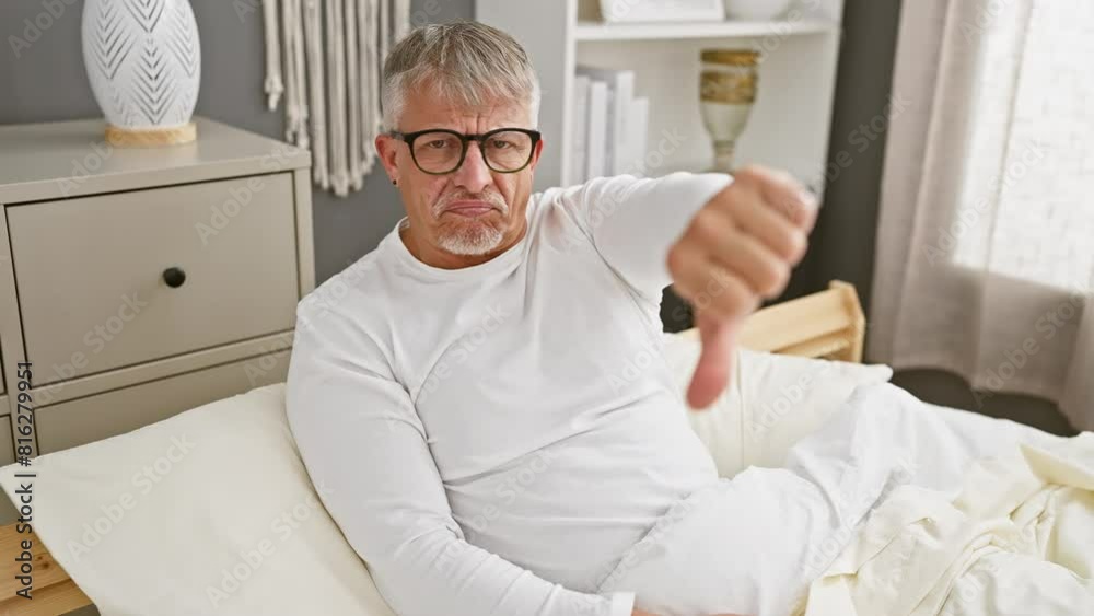 Angry, grey-haired middle age man in pyjamas, showing thumbs down gesture in the bedroom, projecting a negative, unhappy expression. Angry, grey-haired middle age man in pyjamas, showing thumbs down gesture in the bedroom, projecting a negative, unhappy expression.
