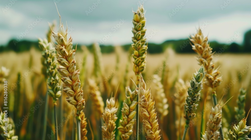 Fototapeta premium Close up of wheat field with ripening ears